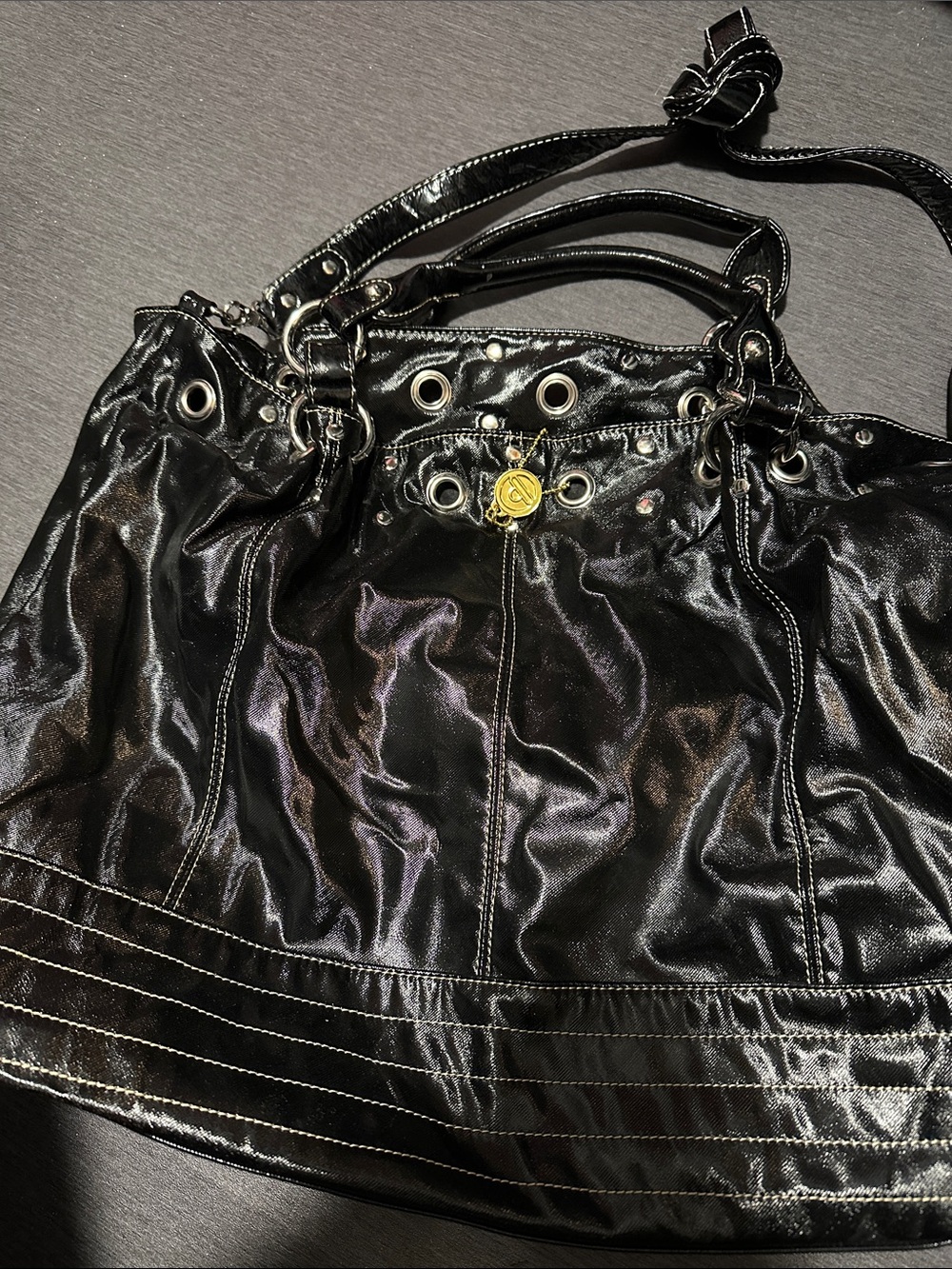 Large sized Big Buddha Black Patent Shoulder Bag with Gold Accent